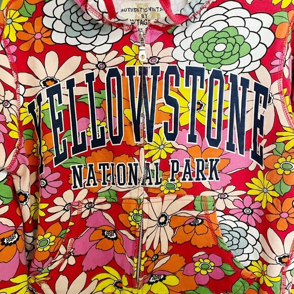 Vintage Girl Yellowstone Park 70s Floral Zip-Front Hoodie Red Pink Size Large - Picture 4 of 8